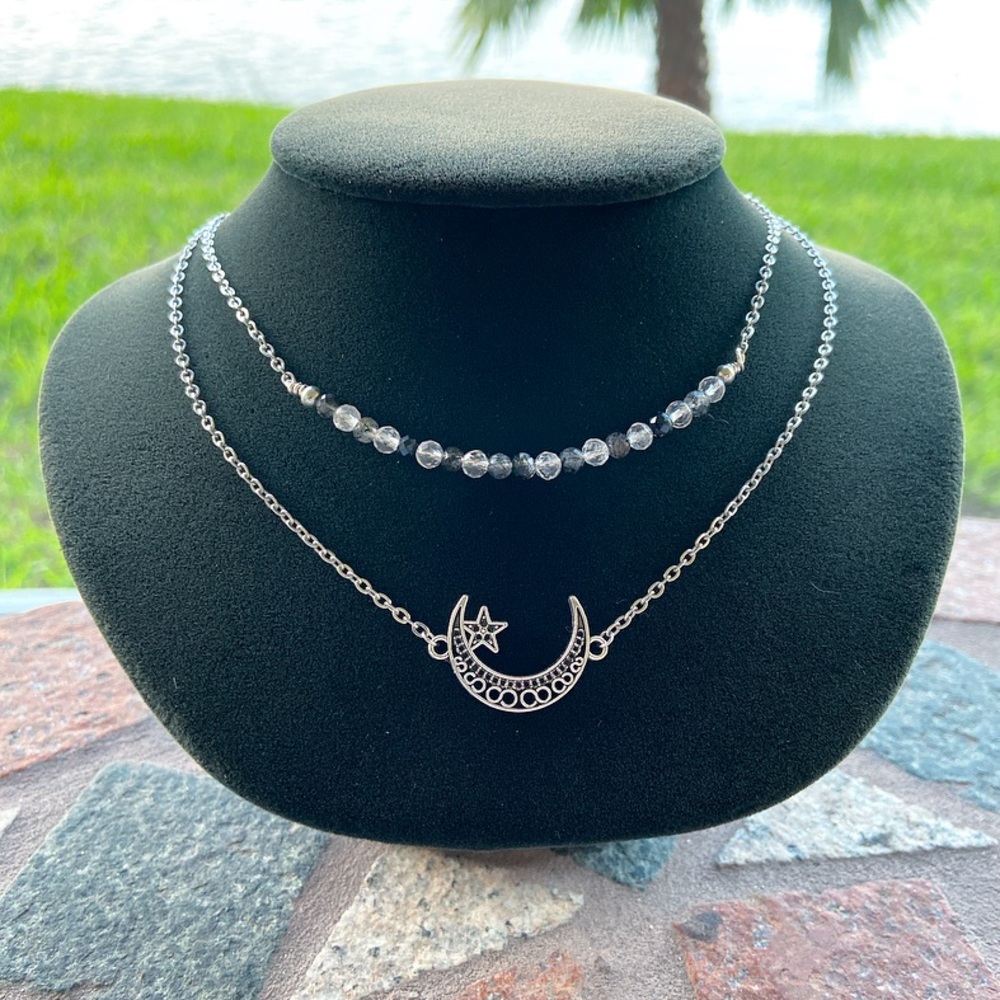 Double layer necklace moon star & druzy quartz - Picture 10 of 11